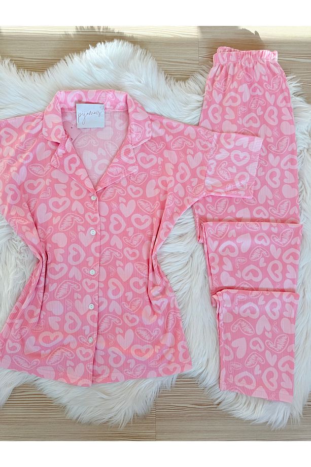 Açık Pembe Kalp Desenli Pegasus Kısa Kol Pijama Takımı - 8