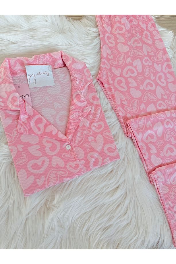 Açık Pembe Kalp Desenli Pegasus Kısa Kol Pijama Takımı - 4