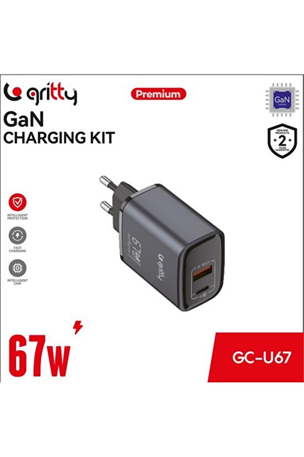 GAN 67W 2 Portlu USB-A Type-C PD Hızlı Şarj Adaptörü Siyah (GC-U67) - 3