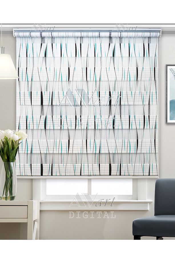 Mavi Siyah Çizgi Baskılı Zebra Perde - Wave Lines - Dijital Baskılı Zebra Perde - 1