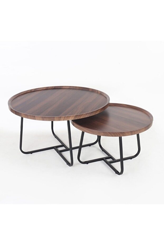 Set of 2 Round Wooden Coffee Tables in Various Sizes with Metal Base - 6