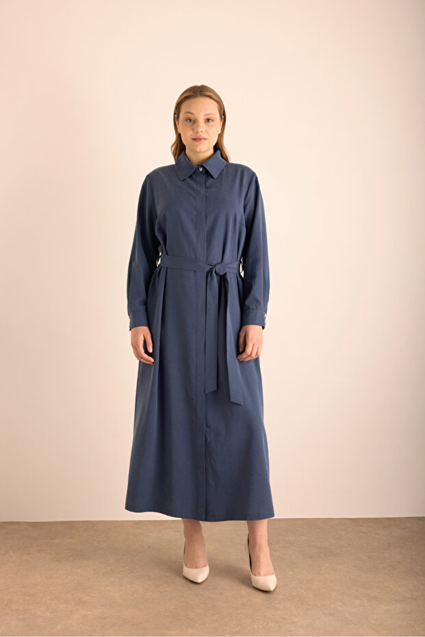 Lacivert Cotton Gömlek Elbise - 4