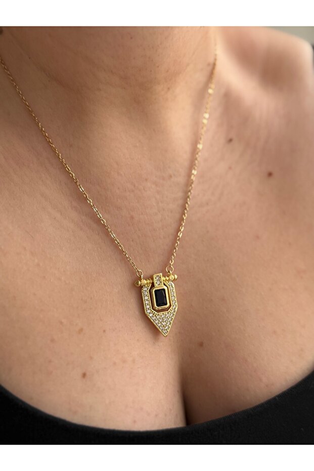 Steel Gold Navy Blue Stone Serenay Aleta Necklace - Does Not Tarnish -