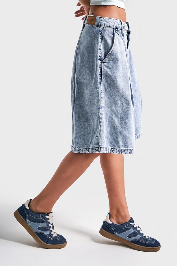 Kadın Snow Kot Rengi 3s5-3 Maxi Boy Baggy Fit %100 Koton Pileli Denim Bermuda Şort - 6