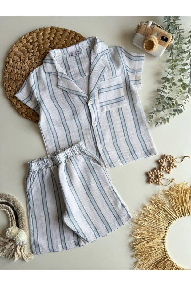 Blue Striped Muslin Pocket Boy's Shirt Shorts Top and Bottom Set