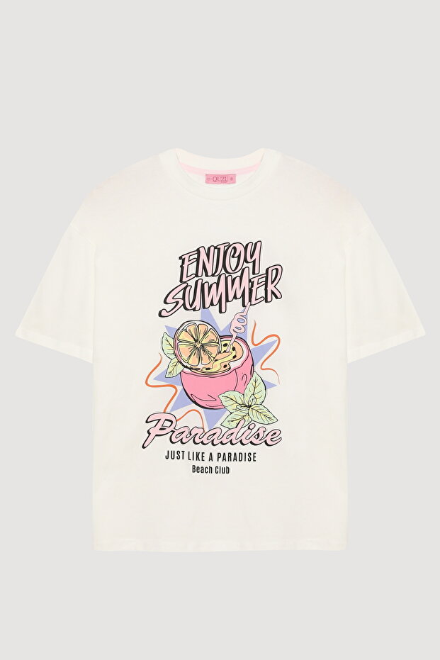Colorful Cocktail Printed Short Sleeve T-Shirt Ecru