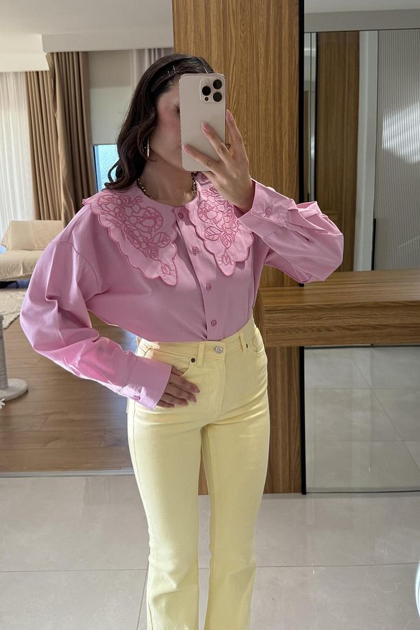 Nuvia Pembe Nakışlı Poplin Gömlek - 2