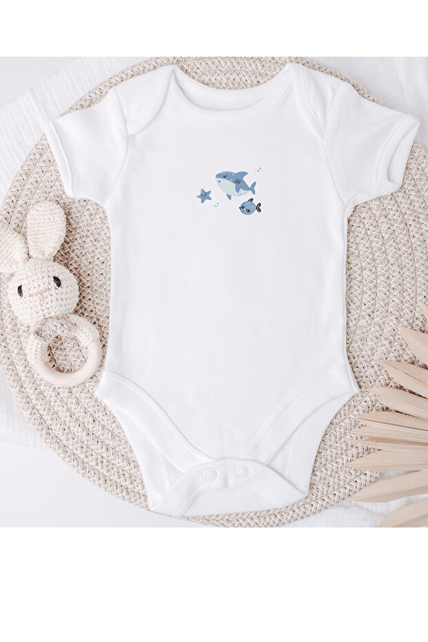 0Rganic 100% Whale Fish Star Design Printed Baby Bodysuit with Snap Fasteners Bp2500032