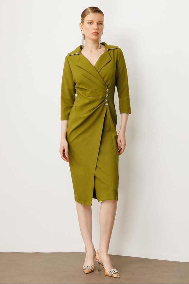 Modailgi Waist Pleated Detailed Three Quarter Sleeve Midi Dress Olive