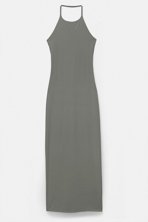 Halter yaka poliamid midi elbise - 5
