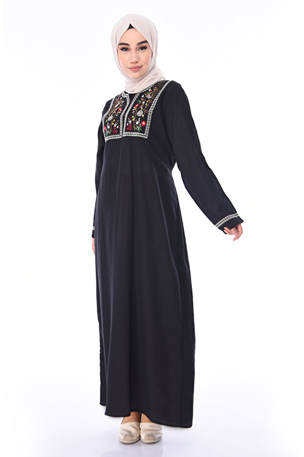 Embroidered Şile Fabric Dress 6000-01 Black