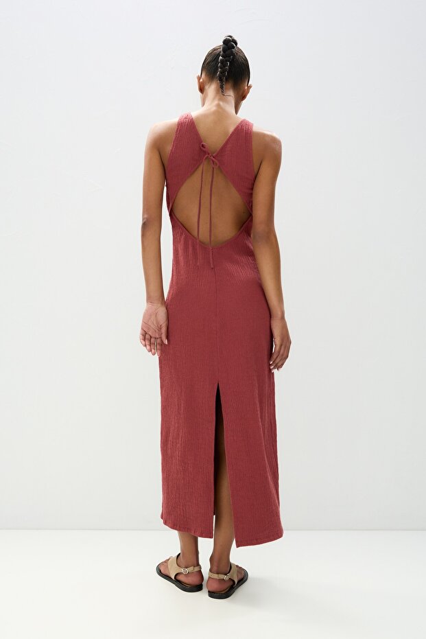 Sırt dekolteli midi elbise - 5