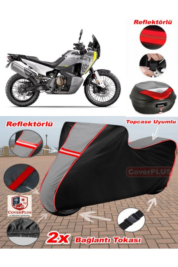 Husqvarna Norden 901 Tarpaulin Topcase Compatible Motorcycle Tarpaulin (Grey-Black Red Stitched)