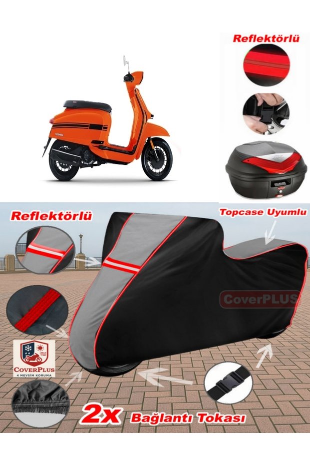 Lambretta V125 Special Tarpaulin Topcase Compatible Motorcycle Tarpaulin (Grey-Black Red Stitched)