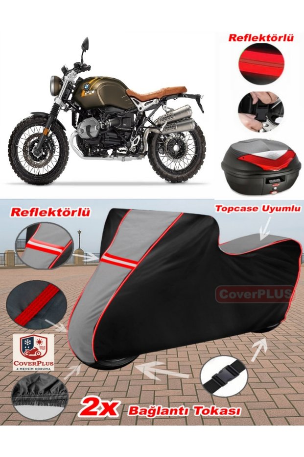 Bmw R Nine t Scrambler Tarpaulin Topcase Compatible Motorcycle Tarpaulin (Grey-Black Red Stitched)