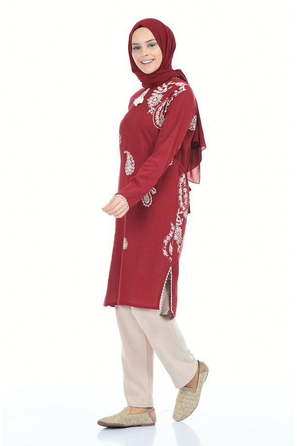 Şile Bezi Baskılı Tunik 0506-03 Bordo - 2