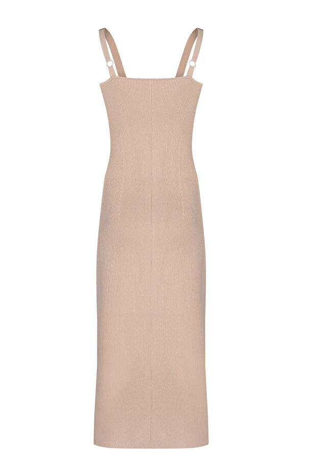 Askılı Bej Triko Elbise - 5