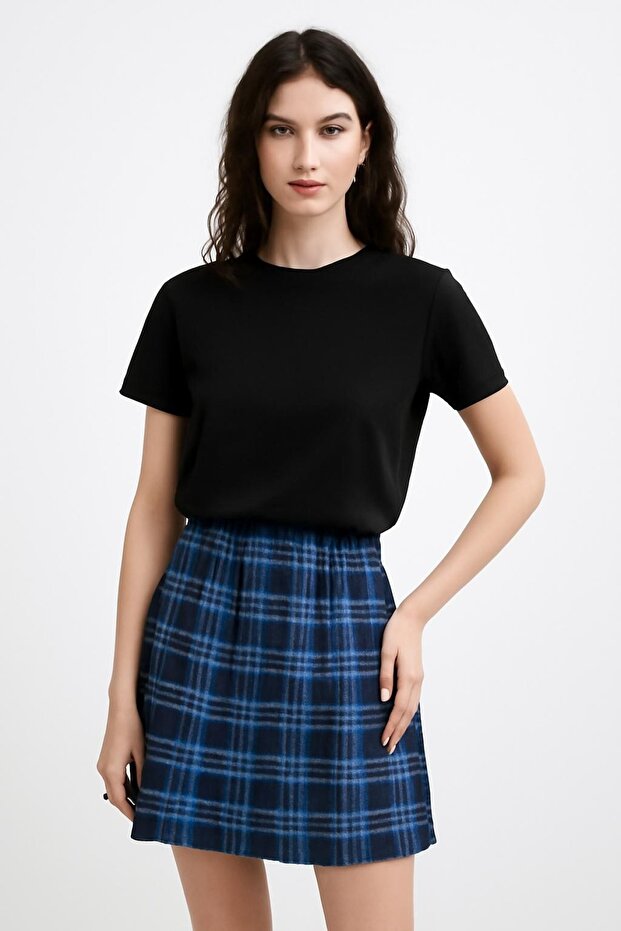 Ekose Desenli Piliseli Mini Basic Etek Elbise - 1