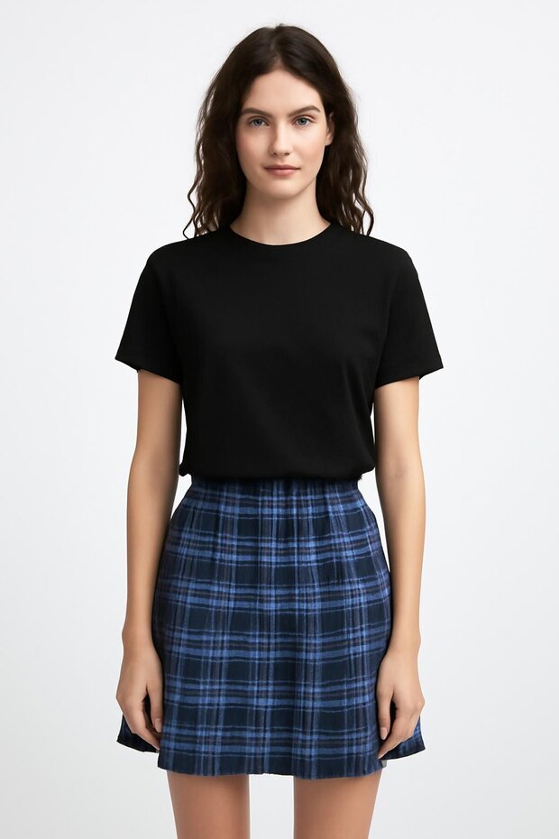 Ekose Desenli Piliseli Mini Basic Etek Elbise - 2