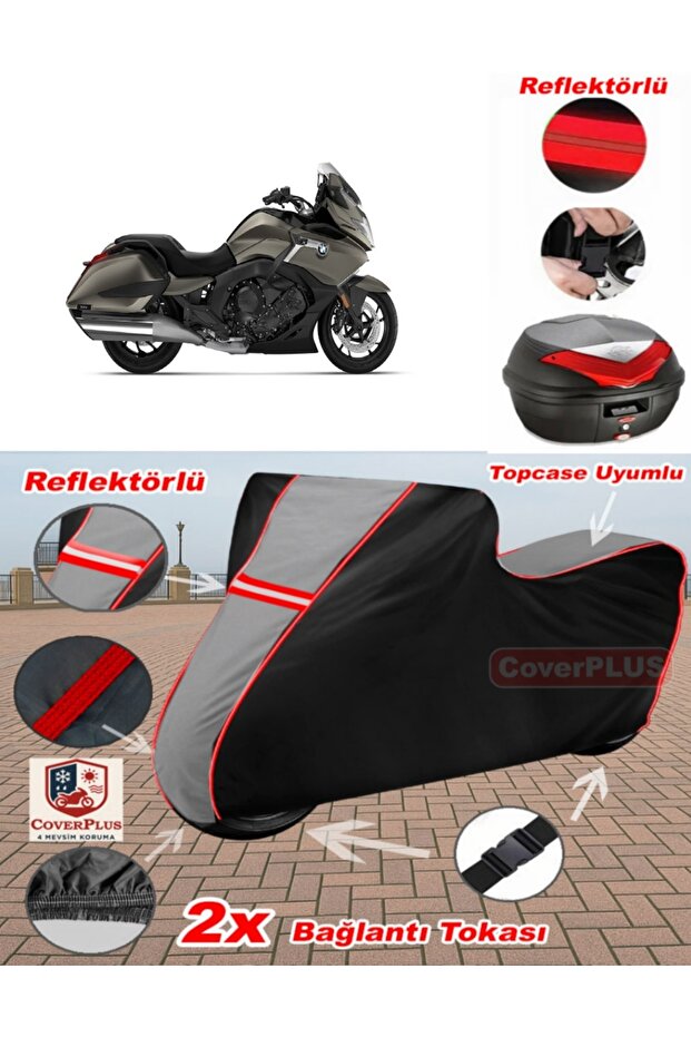 Bmw K 1600 Bagger Tarpaulin Topcase Compatible Motorcycle Tarpaulin (Grey-Black Red Stitched)