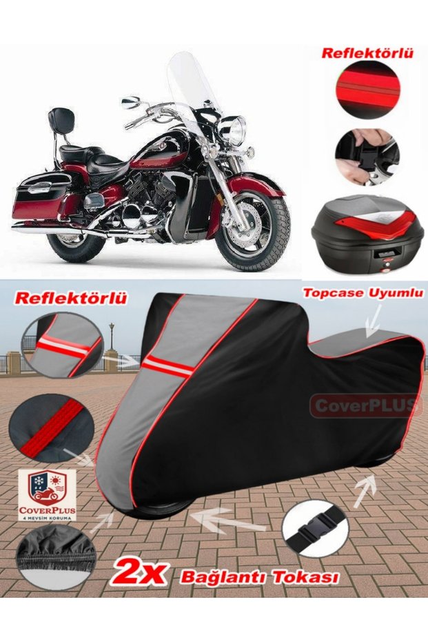 Yamaha Royal Star Xvz 1300 Tarpaulin Topcase Compatible Motorcycle Tarpaulin (Grey-Black Red Stitched)