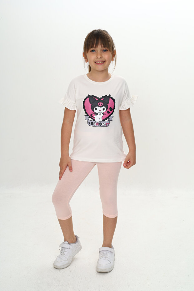Girl's Summer T-Shirt & Leggings Set with Ruffles and Kuromi Pattern