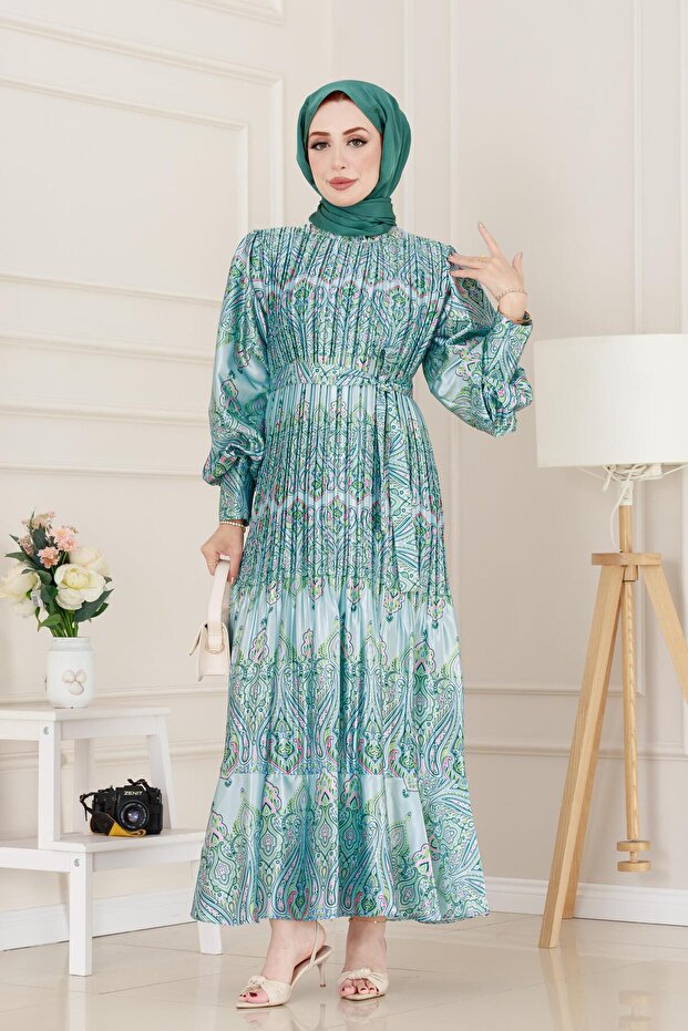 Pleated Skirt Flounced Satin Mona Dress-Mint Green