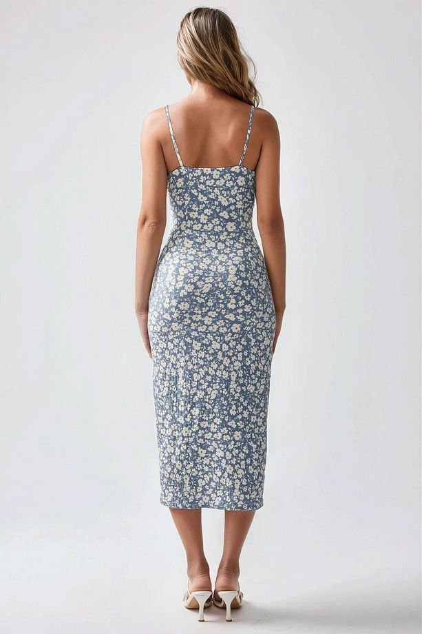 Yırtmaç Detaylı Çiçek Desenli Bodycon Midi Elbise - 7