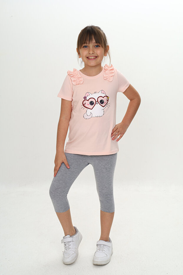 Girl's Summer T-Shirt & Leggings Set with Ruffled Glasses and Cat Pattern