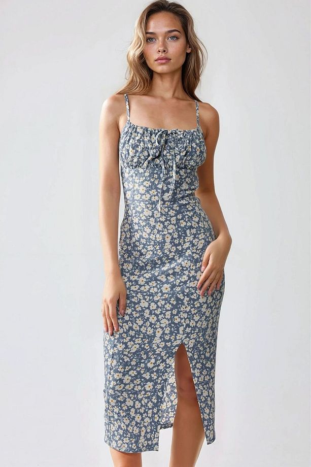 Yırtmaç Detaylı Çiçek Desenli Bodycon Midi Elbise - 1