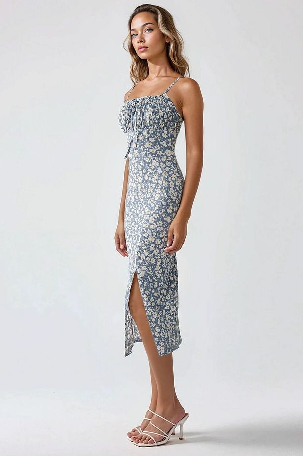 Yırtmaç Detaylı Çiçek Desenli Bodycon Midi Elbise - 6