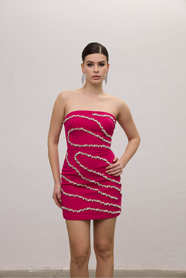 Straplez Mini Boy Taşlı Elbise - 3