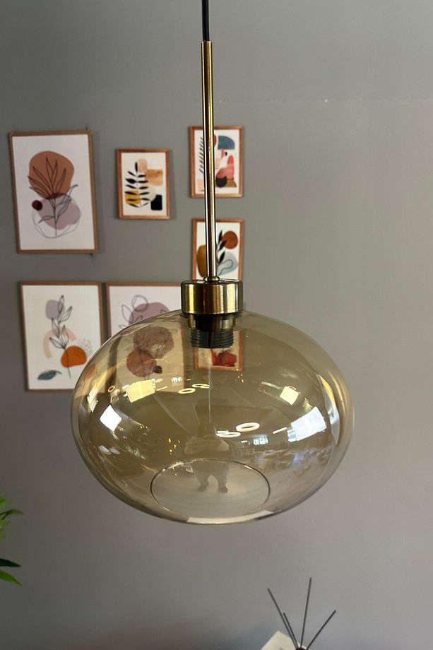 Solvia Cam Bal Rengi Tekli Avize İnce Eskitme Başlık Retro Sarkıt Lamba Salon Aydınlatma - 4