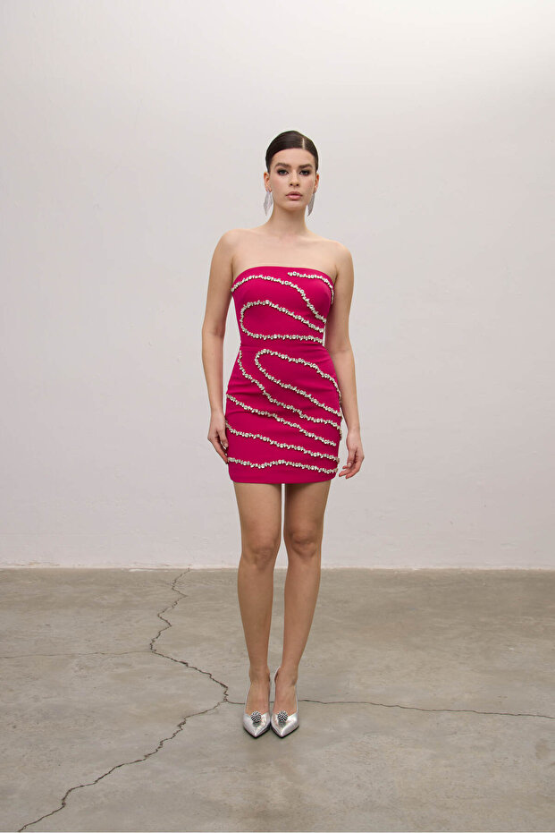 Straplez Mini Boy Taşlı Elbise - 2