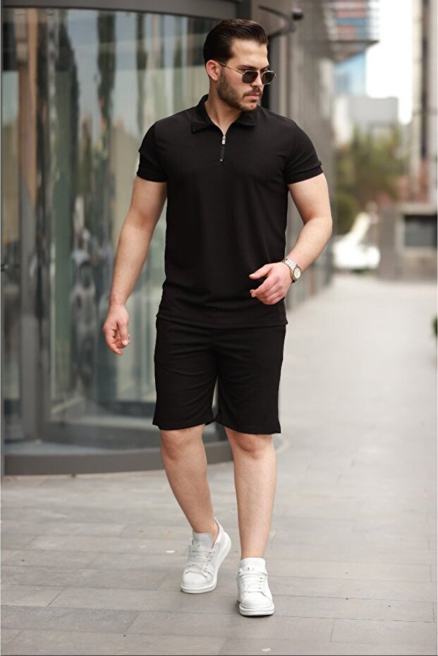 Men's Collared Zippered T-Shirt Shorts Set of Two