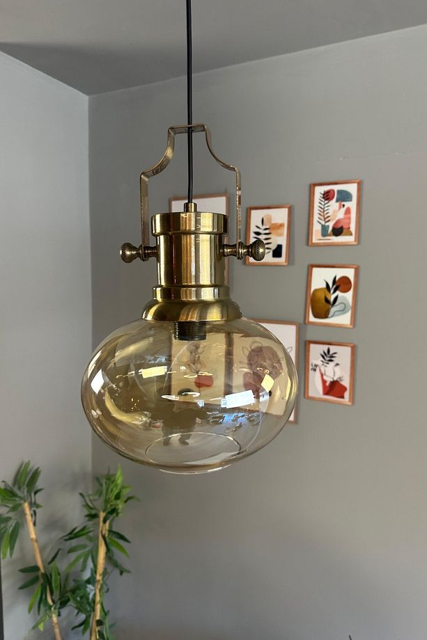 Solvia Cam Bal Rengi Tekli Avize Silindir Eskitme Başlık Retro Sarkıt Lamba Salon Aydınlatma - 5