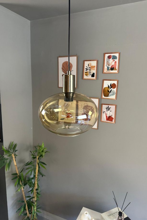 Solvia Cam Bal Rengi Tekli Avize Kalın Eskitme Fener Başlık Retro Sarkıt Lamba Salon Aydınlatma - 5