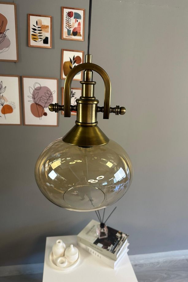 Solvia Cam Bal Rengi Tekli Avize Gemici Eskitme Başlık Retro Sarkıt Lamba Salon Aydınlatma - 5