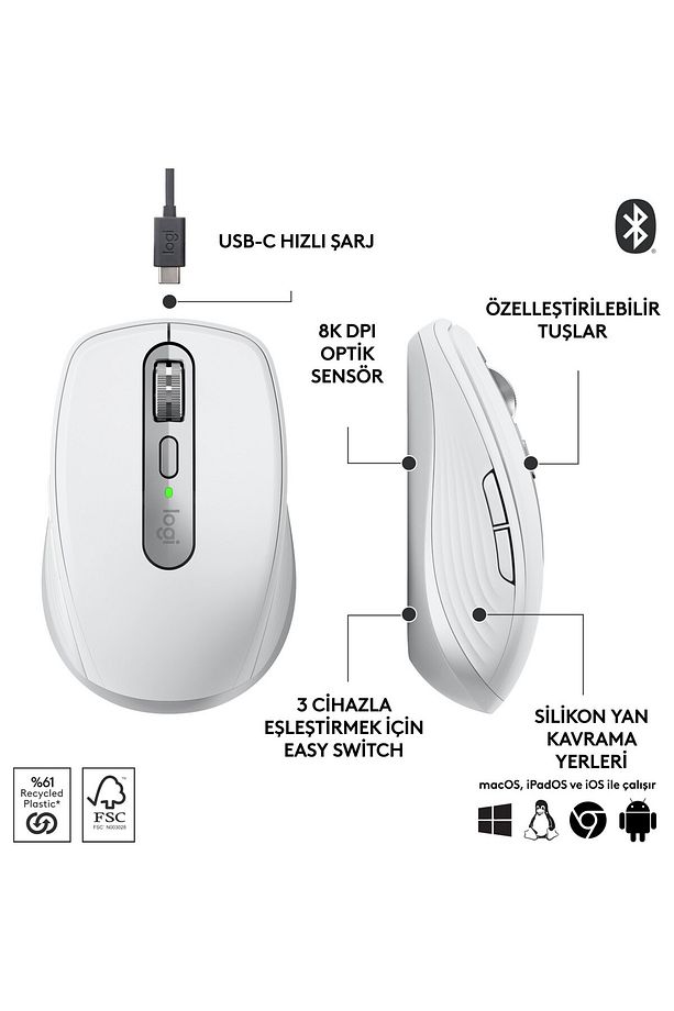 MX Anywhere 3S Kompakt 8000 DPI Optik Sensörlü Sessiz Bluetooth Kablosuz Mouse - Beyaz - 7