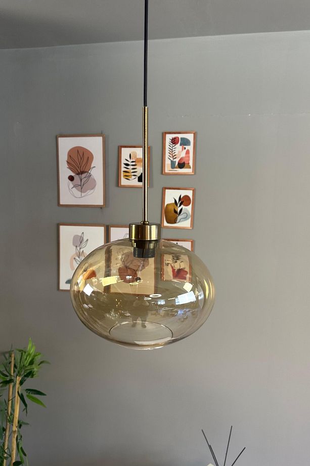 Solvia Cam Bal Rengi Tekli Avize İnce Eskitme Başlık Retro Sarkıt Lamba Salon Aydınlatma - 2