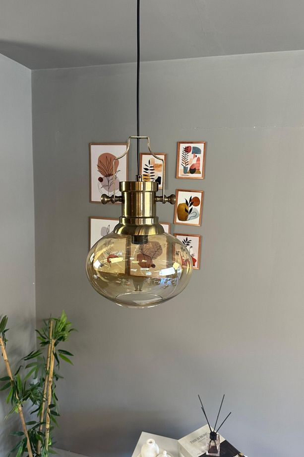 Solvia Cam Bal Rengi Tekli Avize Silindir Eskitme Başlık Retro Sarkıt Lamba Salon Aydınlatma - 4