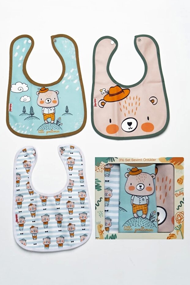 flandoly 3'lü Sevimli Ayıcık Microfiber %100 Pamuk Sıvı Geçirmez Mama Önlüğü Bebek Fular Su Geçirmez Önlük