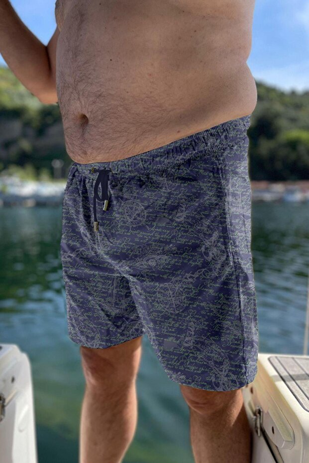 Large Size Water Repellent Digital Printed Men's Beach Sea Shorts Swimsuit - 274-Navy Blue
