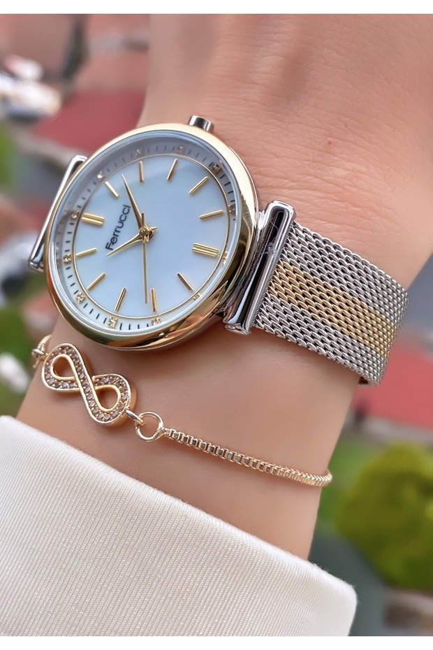 Ferruci Brand Yellow Silver Color Steel Band Women Wrist Watch +Bracelet