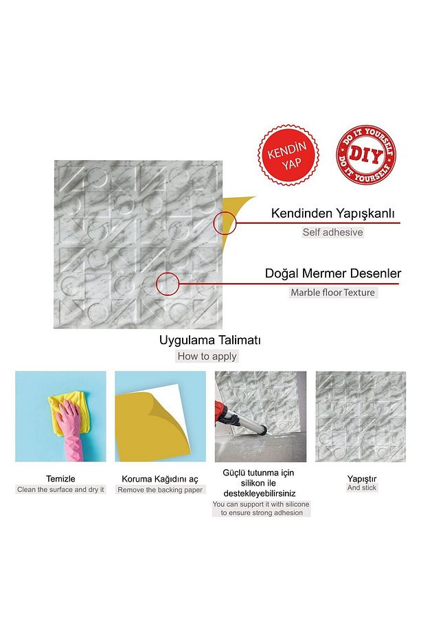 Kendinden Yapışkanlı 3d Kabartmalı Mermer Kareli Desen Pvc Duvar Panel 41x41 Cm/ 6 Adet /1 M² - 3