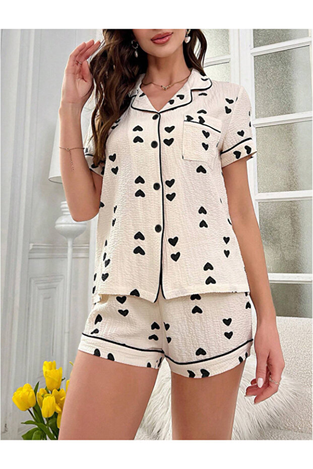 Shirt Collar Heart Pattern Short Sleeve Woven Fabric Pajama Set with Shorts