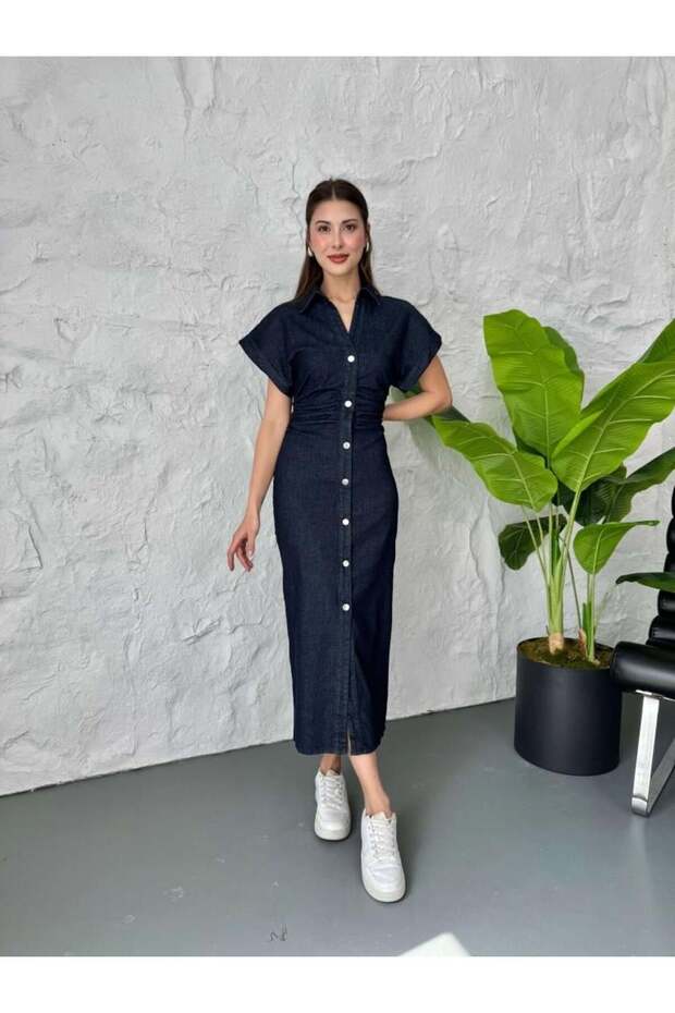 Button Detailed Side Zippered Navy Blue Denim Dress – Stylish Design 7279