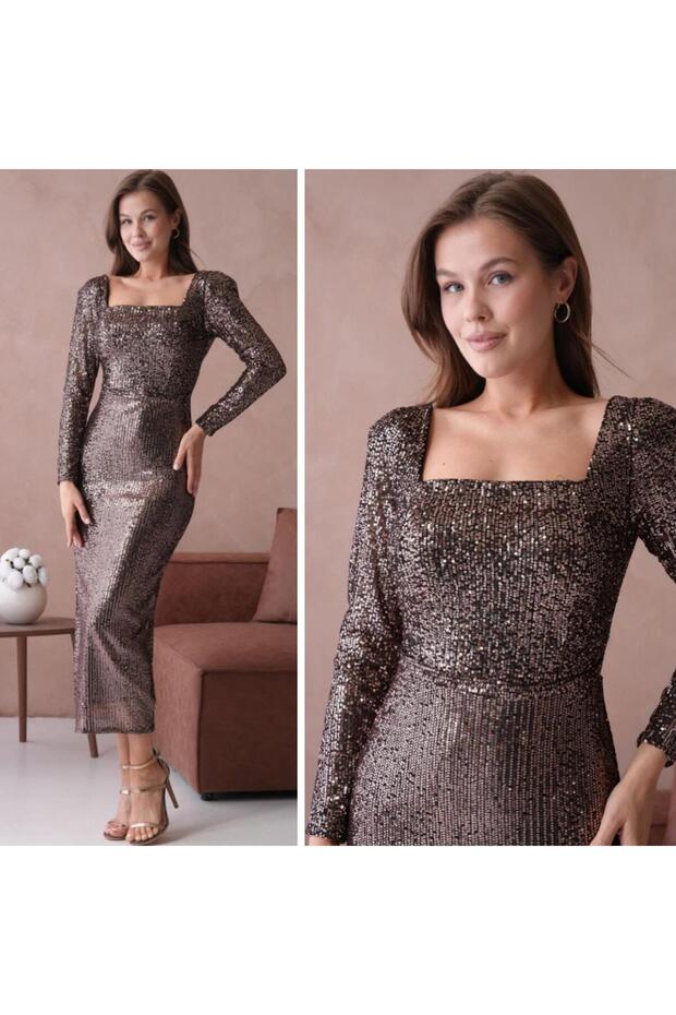 Square Neck Sequined Evening Dress