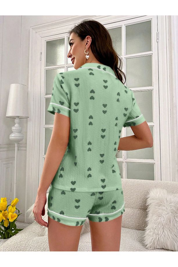 Gömlek Yaka Kalp Desenli Kısa Kol Dokuma Kumaş Şortlu Pijama Takımı - 2
