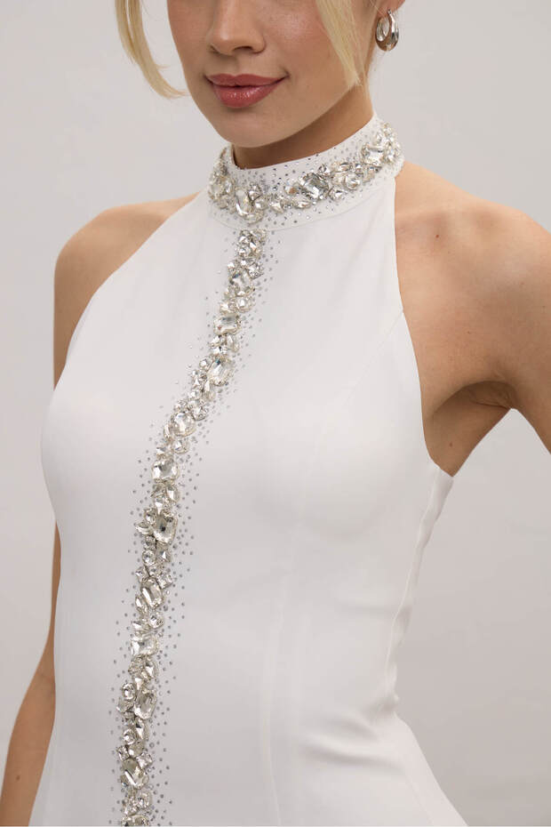 Halter Yaka Bağlamalı Crystal Taşlı Mini Elbise - 3